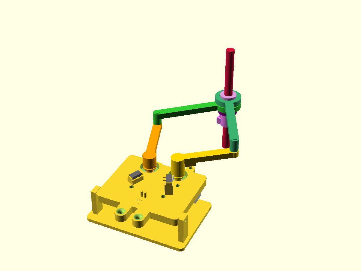 OpenSCAD rendering of the robot assembly: a yellow base plate with two motor hubs, orange and yellow upper arms, two green forearms that meet at a red pen holder