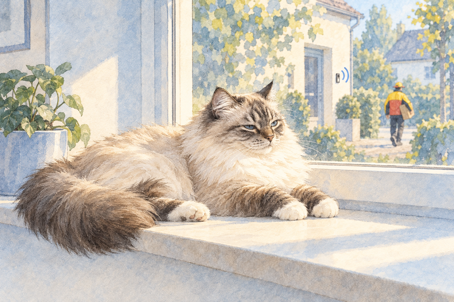 A Ragdoll cat lies on a sunny windowsill, unimpressed. Outside, the doorbell is still ringing while a delivery driver in yellow and red walks away with a parcel. Soft watercolor illustration.
