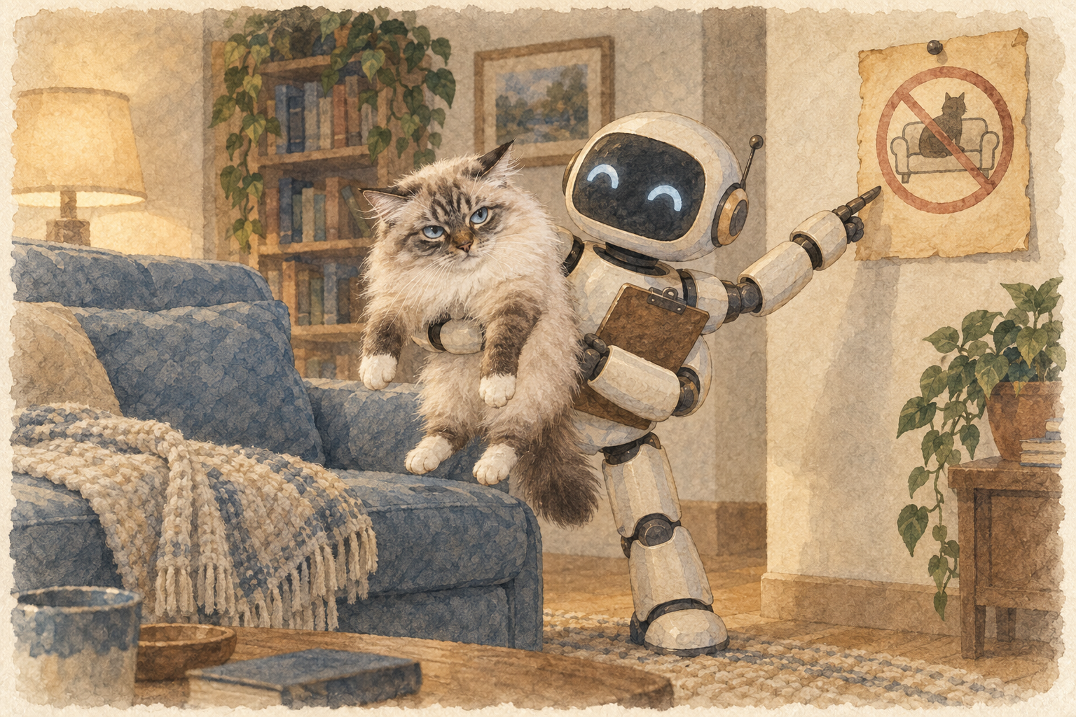 A friendly household robot with a clipboard lifts an indignant Ragdoll cat off a blue sofa and points at an old note on the wall that shows a crossed-out cat on a sofa. Soft watercolor illustration.