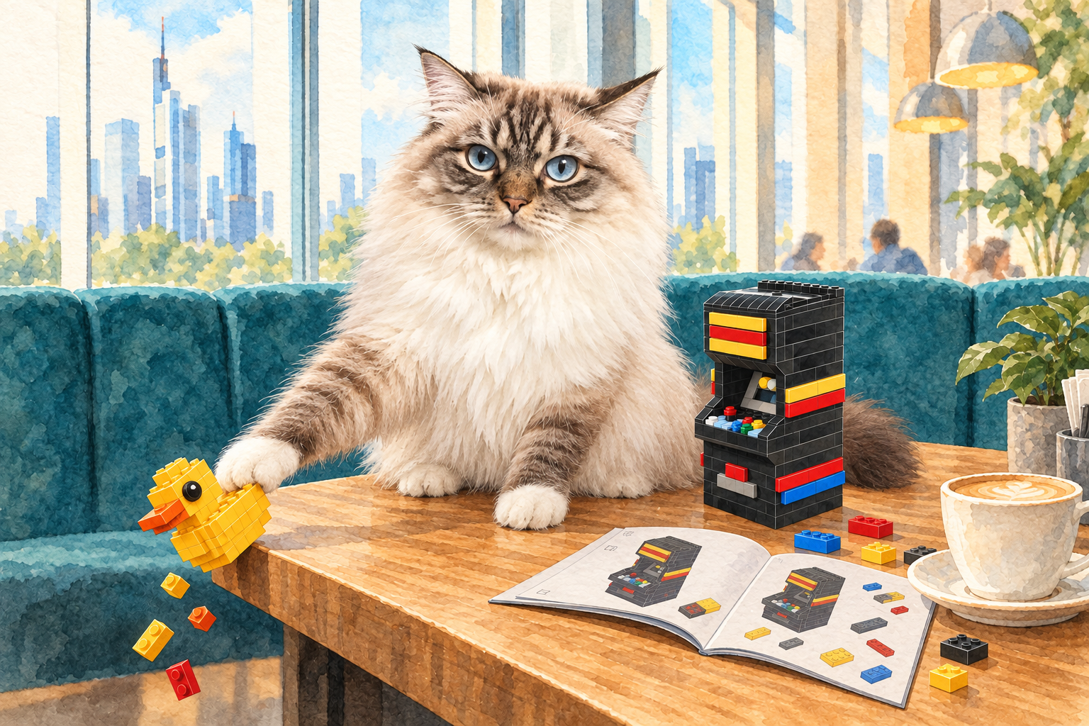 A Ragdoll cat on a café table in Frankfurt pushes a yellow brick duck over the edge; bricks tumble off. Next to her stand a brick arcade cabinet, an open building instruction booklet and a cappuccino. Soft watercolor illustration.