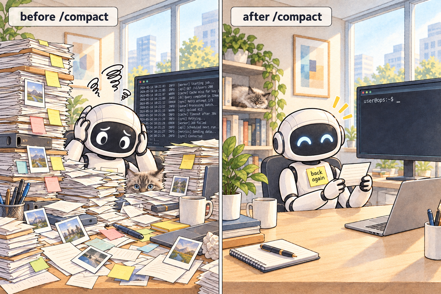 A watercolor split screen. On the left, labelled 'before /compact', a stressed robot holds its head at a desk buried under towering stacks of paper, sticky notes and photos, while a terminal behind it scrolls with log lines; Elfi the cat peeks out from between the piles. On the right, labelled 'after /compact', the same robot sits relaxed at a tidy desk reading a note, in front of an empty terminal prompt, a yellow sticky note on its chest reads 'back again', and Elfi sleeps on a bookshelf.