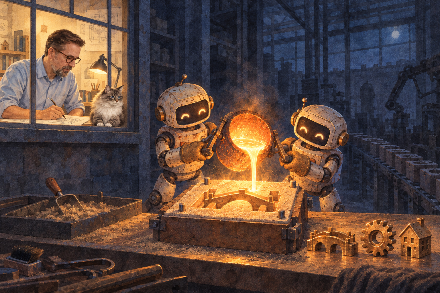 Watercolour illustration: two small robots pour glowing molten metal from a crucible into an open sand mould on a workbench, finished castings of different shapes stand beside it, a dark factory hall with the lights off fades into the background. Behind a window on the left, Ralf sits in a lit drafting room drawing the next mould, a Ragdoll cat beside him on the sill