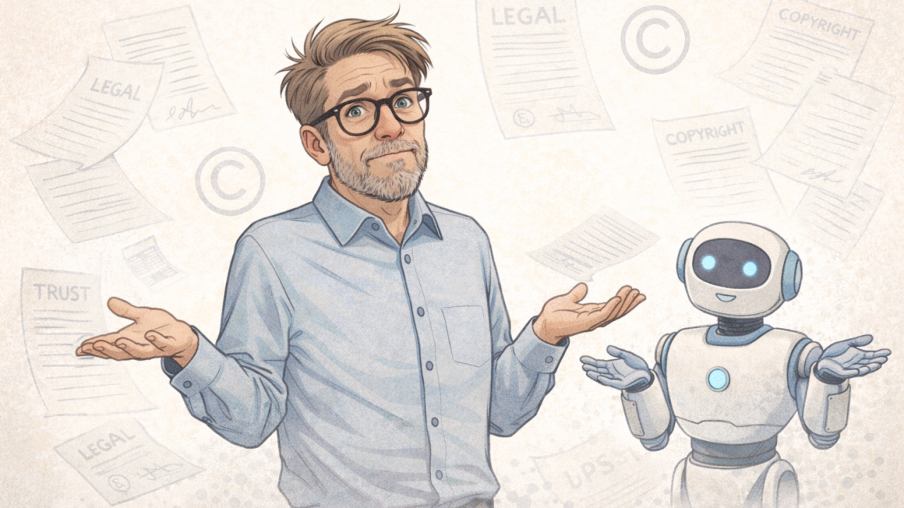AI License Paradox - Robot, Copyright Symbol, and Empty License