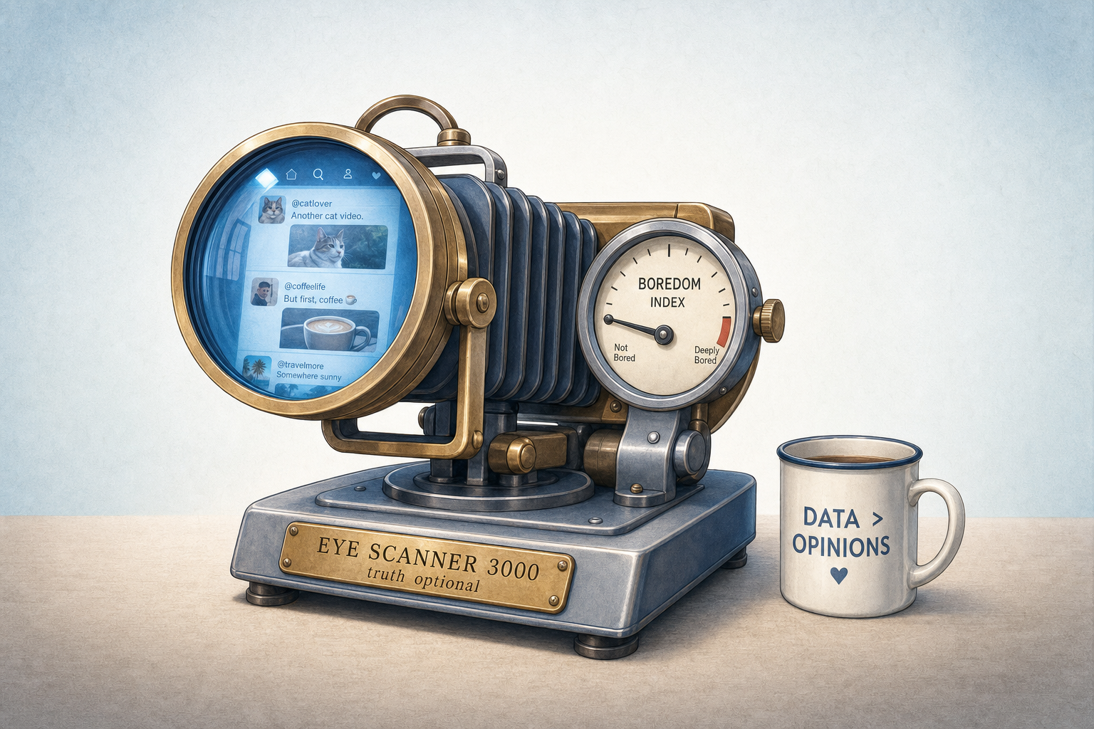 A retro-futuristic eye-scanner reading a social feed, with a boredom-index gauge.