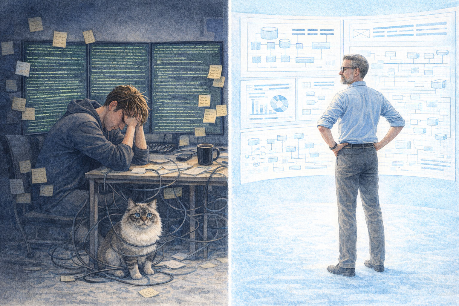 Split-screen: developer overwhelmed by code review vs. architect calmly reading arc42 dashboard