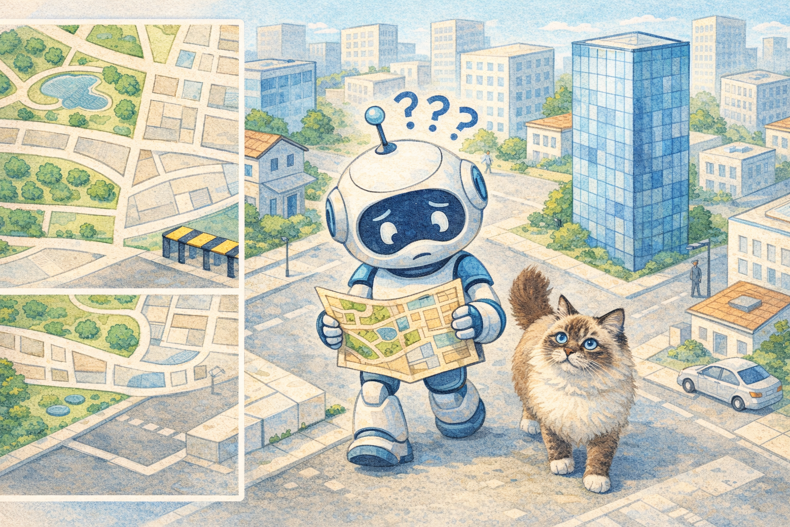 A confused robot holding an outdated city map while standing in a modern city that no longer matches, with a Ragdoll cat beside it