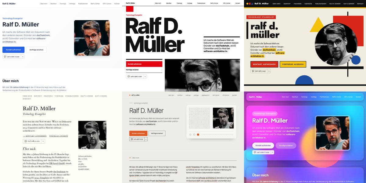 Collage of six versions of my homepage with identical content: the current design, Swiss Style, Bauhaus, Tufte Style, Dieter Rams and Glassmorphism