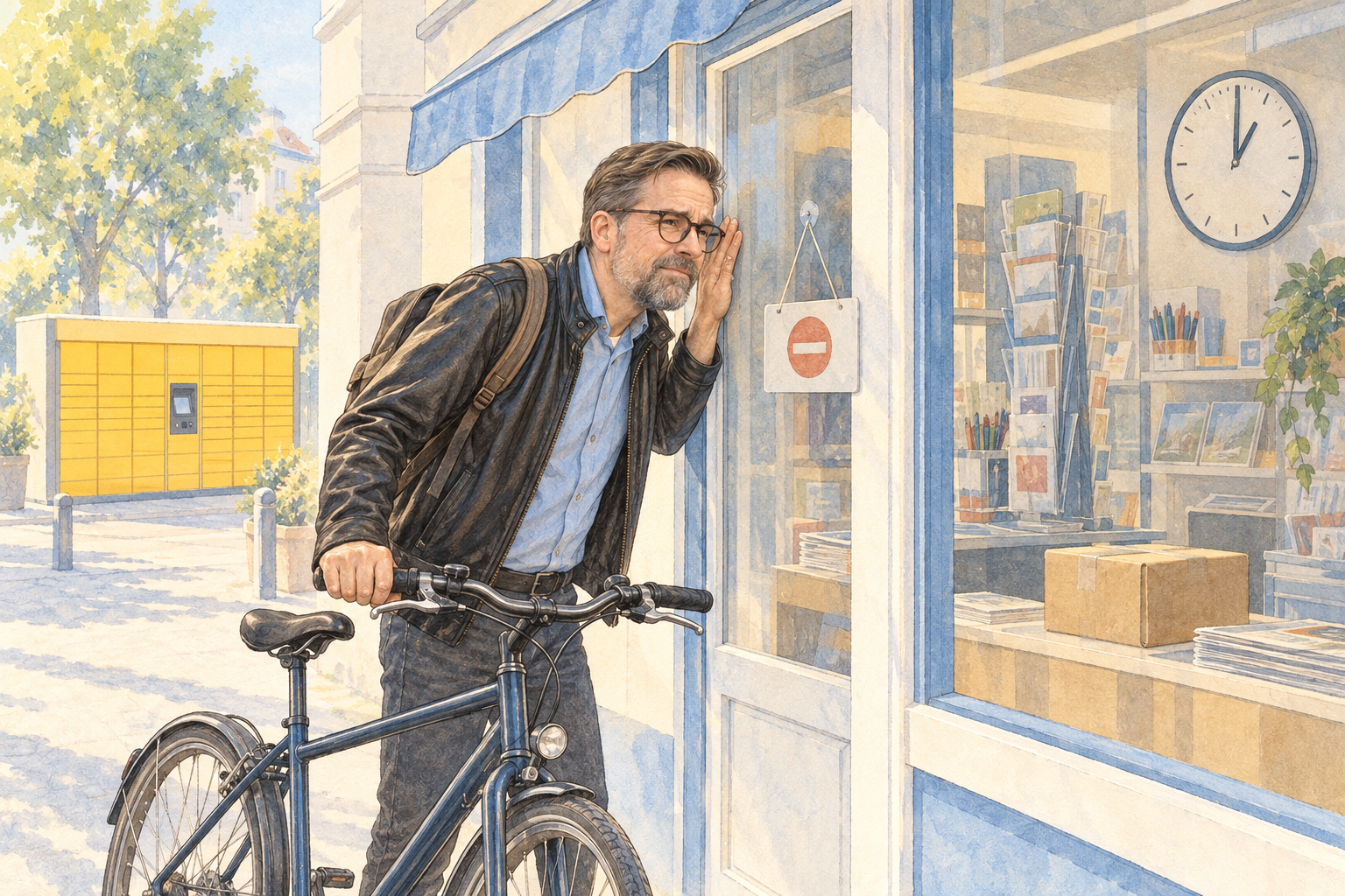 Aquarell: Ralf mit Fahrrad späht durch die Tür eines geschlossenen Schreibwarenladens, die Uhr im Schaufenster zeigt kurz nach eins, drinnen liegt ein Paket. Im Hintergrund steht eine gelbe Packstation.
