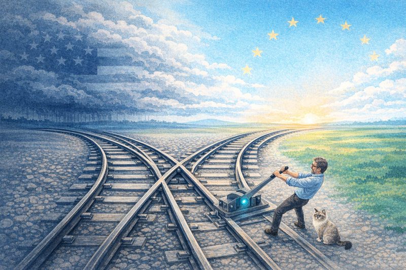 Ralf pulling a railway switch lever toward the EU side, with Elfi the Ragdoll cat sitting beside him