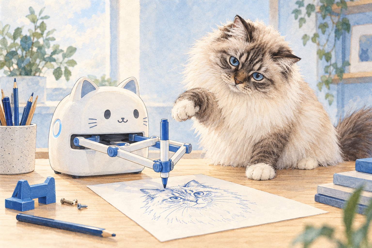 Watercolor illustration: a white cat-shaped drawing robot with two blue arms holds a pen over a sheet of paper with a sketch of a cat, while a fluffy Ragdoll cat sits next to it and reaches out with one paw
