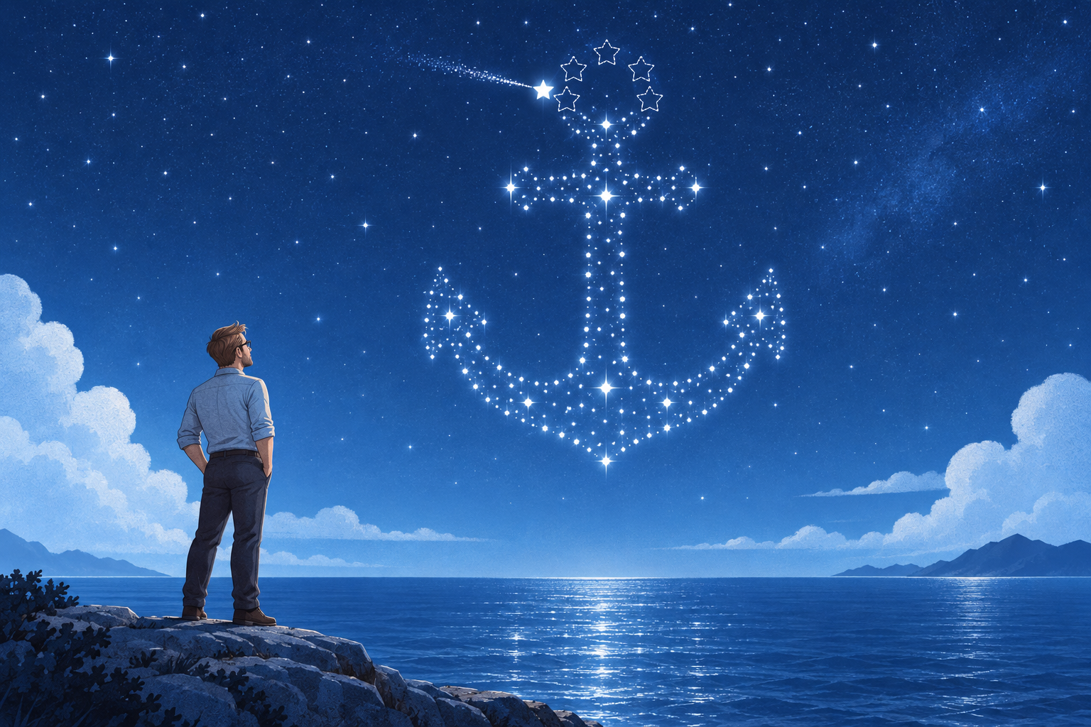 A man stands on a rocky shore at night and looks up at a constellation shaped like an anchor above the sea. Five stars in the anchor's ring are only drawn as outlines, still waiting to light up, and a shooting star is arriving to fill the first gap.
