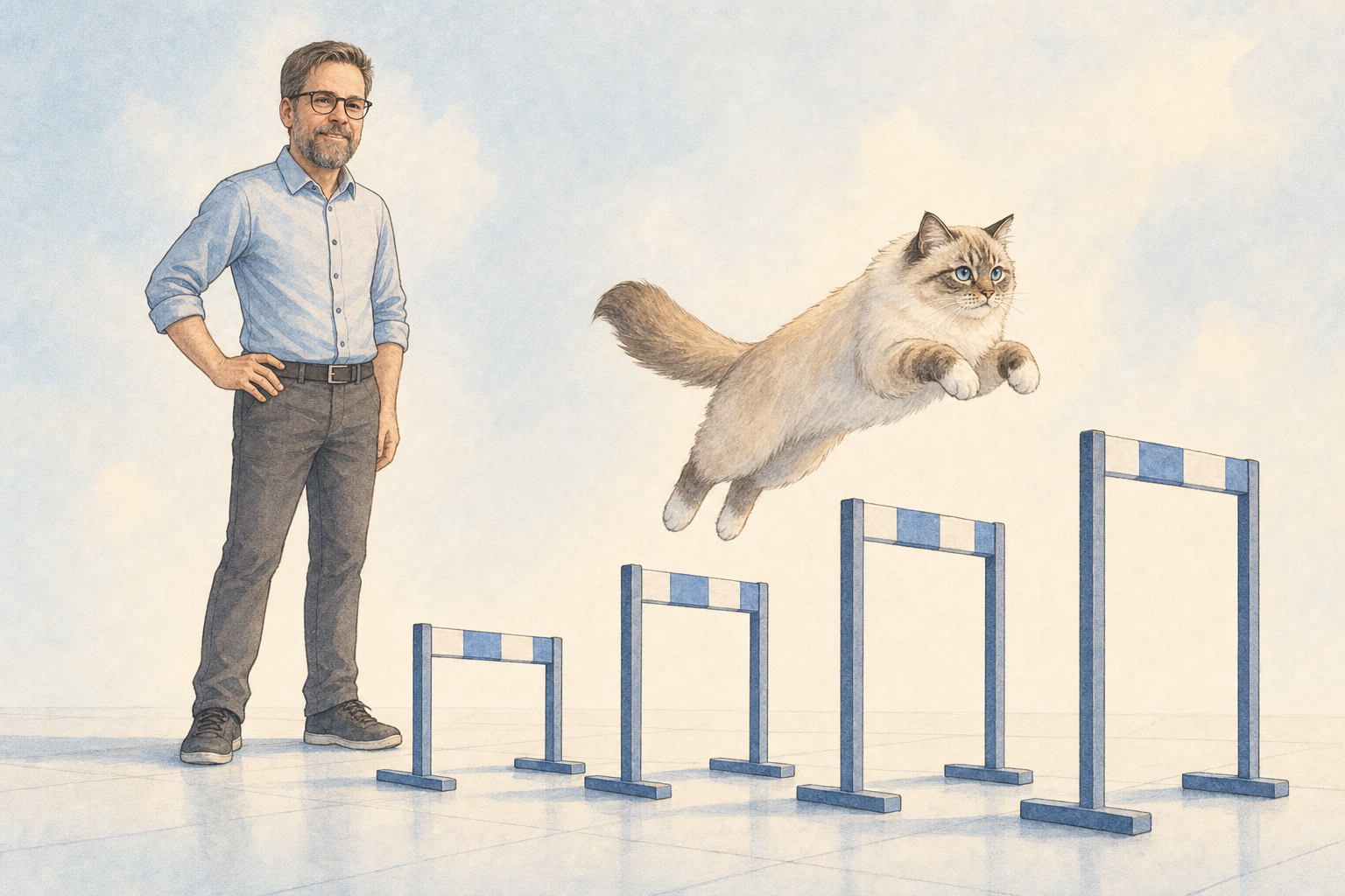 Ralf stands at the side like a coach while Elfi the cat leaps over a row of four hurdles of increasing height. Clean digital illustration in soft blue and white tones.