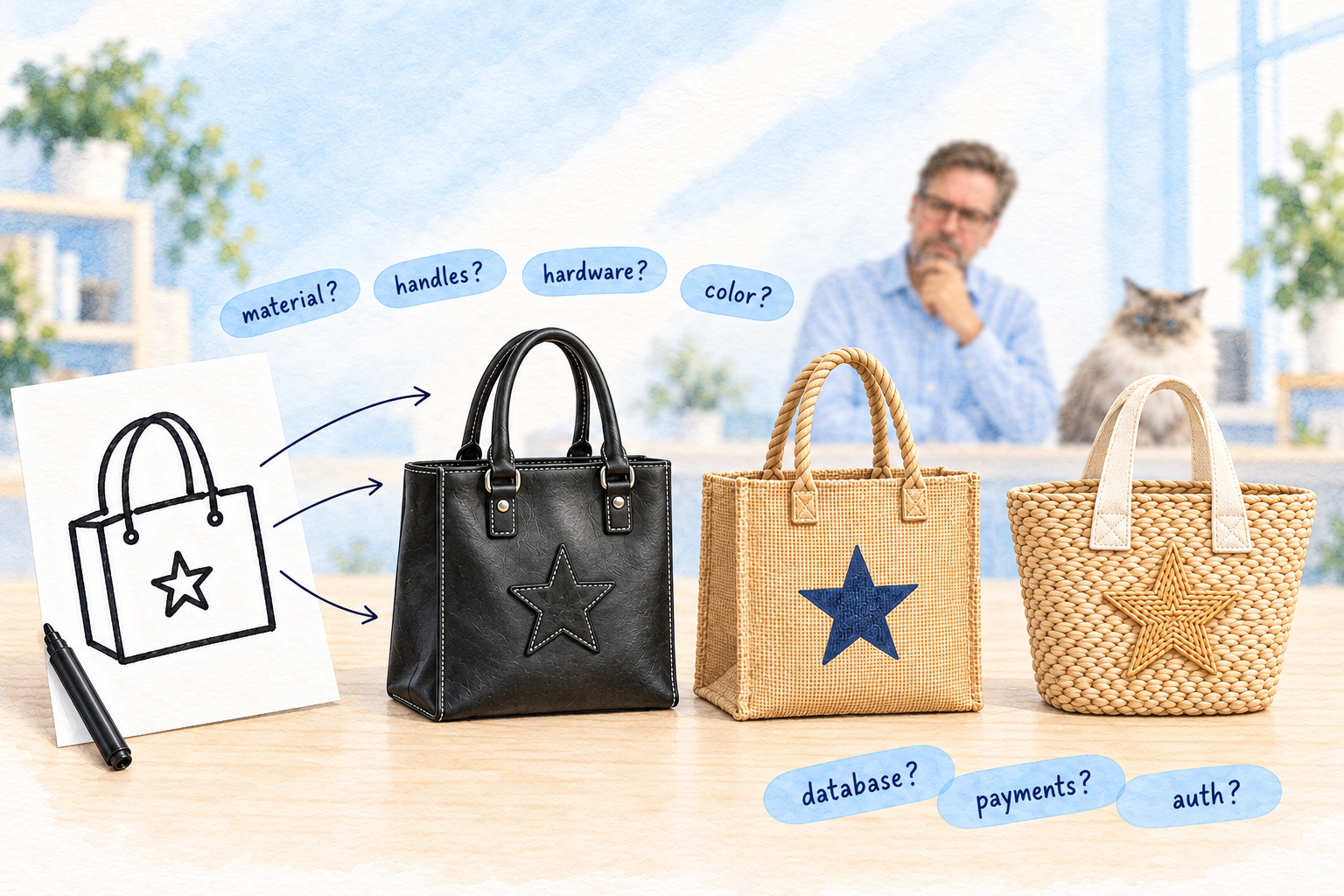 One marker sketch of a tote bag, three real bags made from it: leather, jute, straw. Floating labels ask material?, handles?, hardware?, color? and database?, payments?, auth?. In the background a man ponders which one is right.