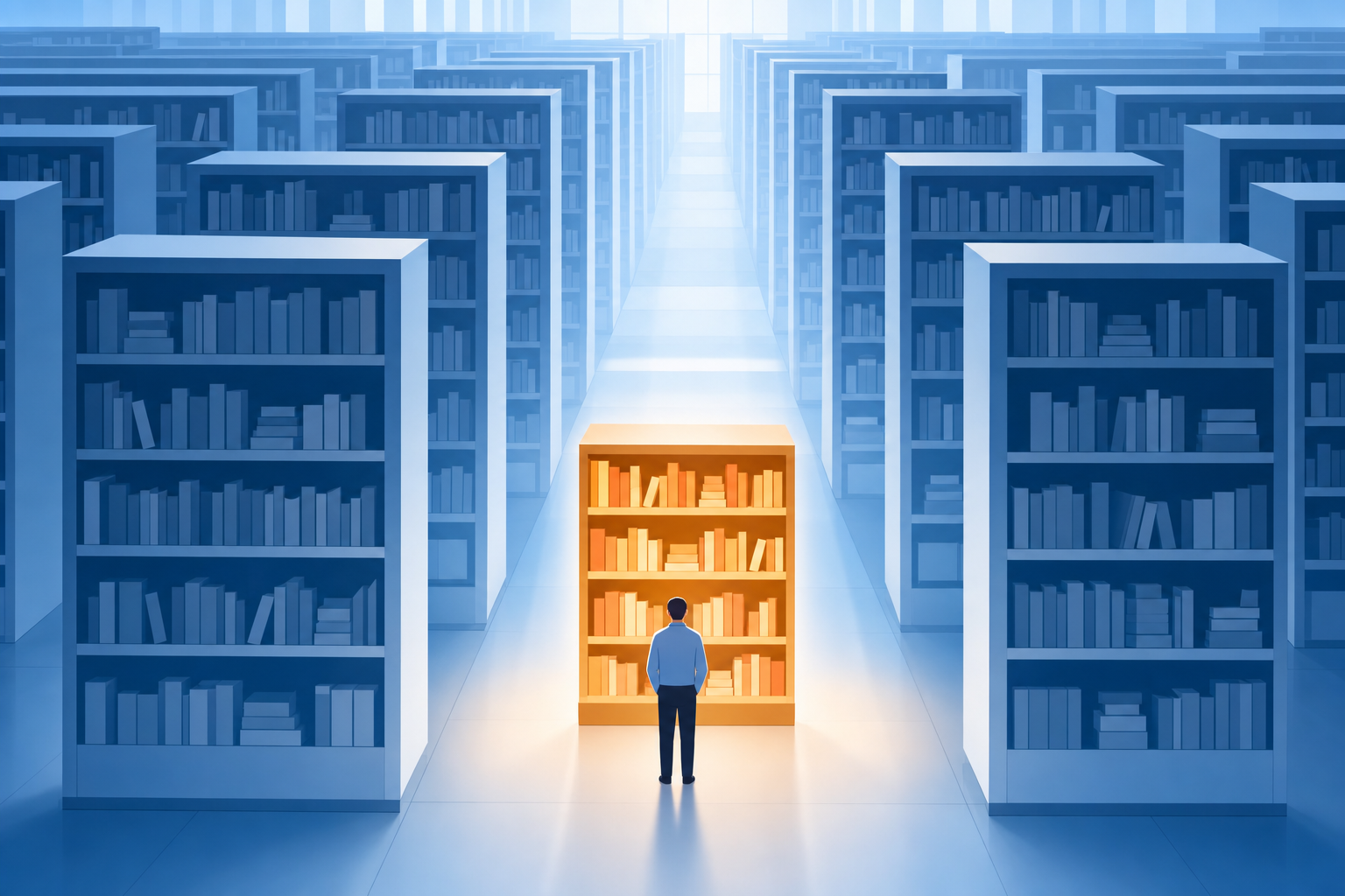 A vast library of bookshelves recedes into cool blue shadow while a single shelf in the foreground glows warm, with a lone figure standing before it. Clean editorial illustration in soft blue and white.