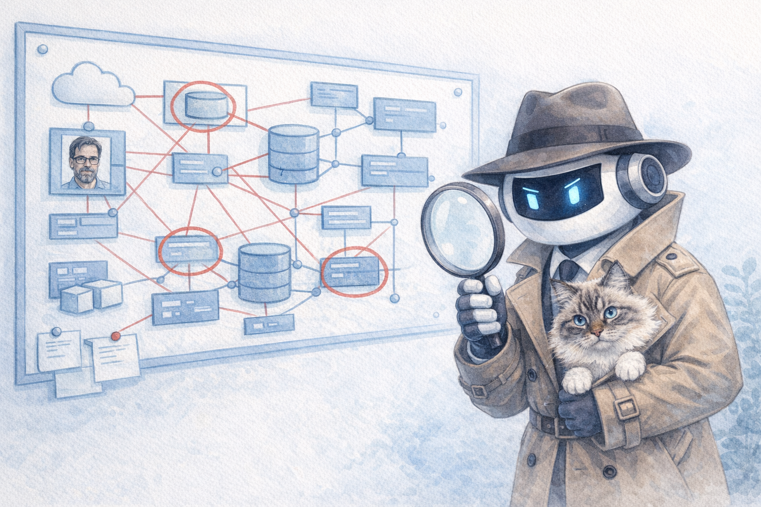 AI detective robot investigating architecture diagram with magnifying glass