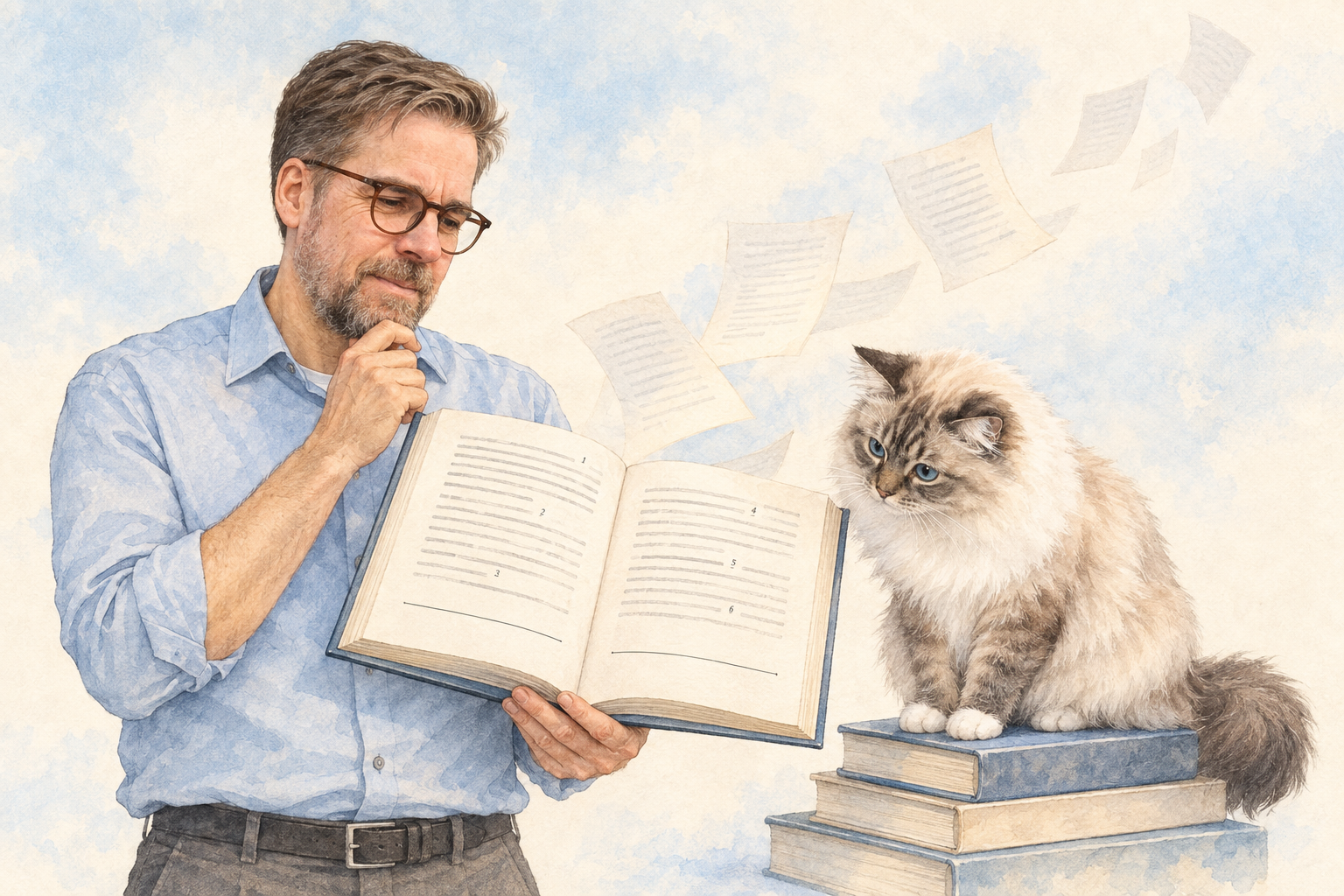 Watercolor illustration: a man reads a reference book whose footnote markers lead to empty footnotes, a Ragdoll cat watches from a stack of books