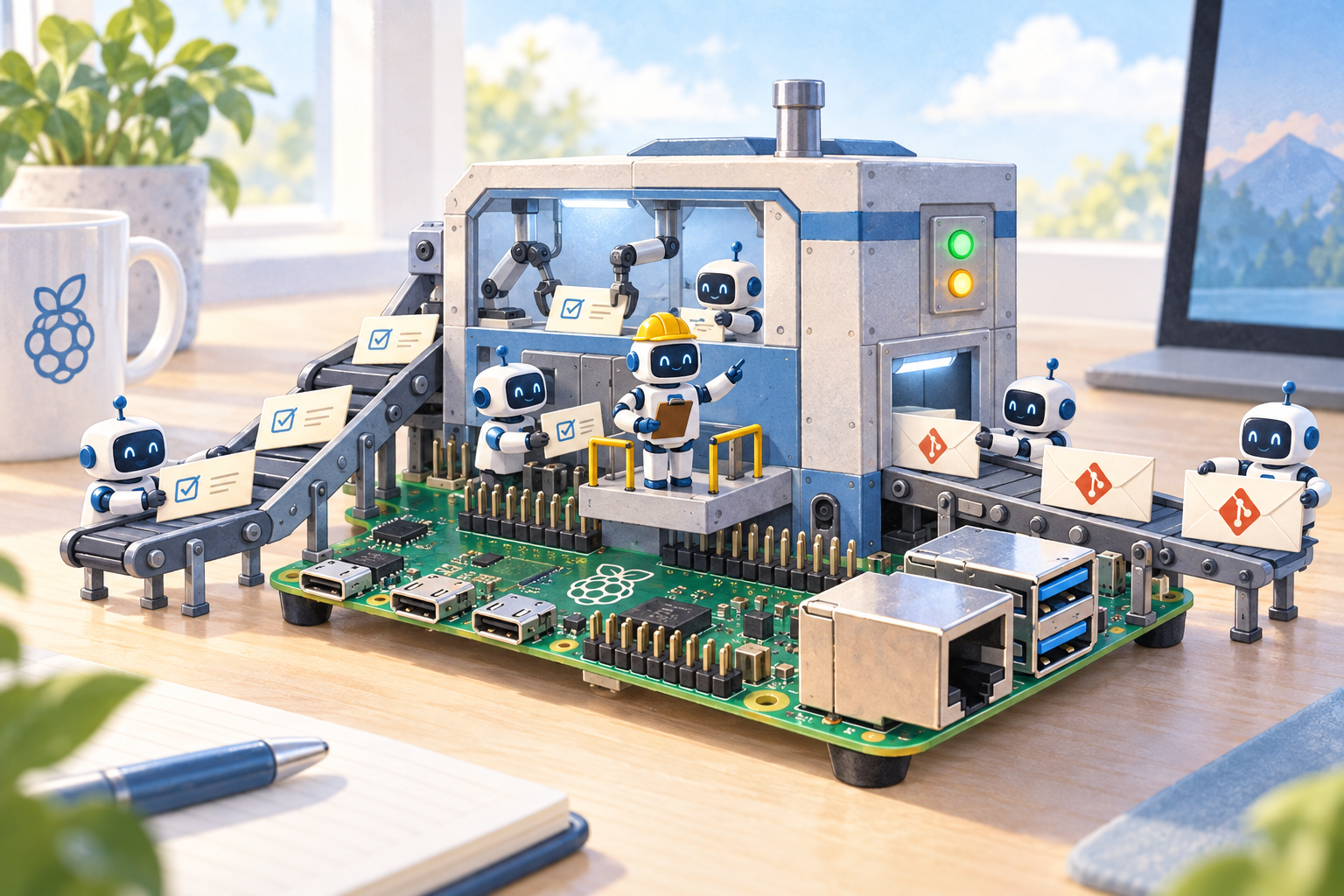 Small white robots run a toy factory built on top of a Raspberry Pi board. Issue cards with checkmarks ride a conveyor belt in, a robot in a hard hat directs the work, and envelopes with the Git logo come out on the other side. A Raspberry Pi mug and a notebook sit on the desk.