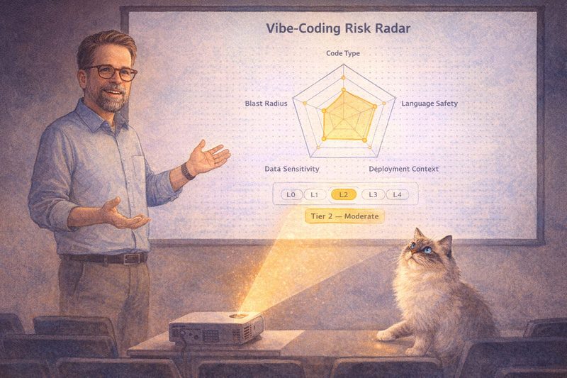 Ralf presenting the Vibe-Coding Risk Radar to a lecture hall, Elfi the Ragdoll cat watching the beamer light beam