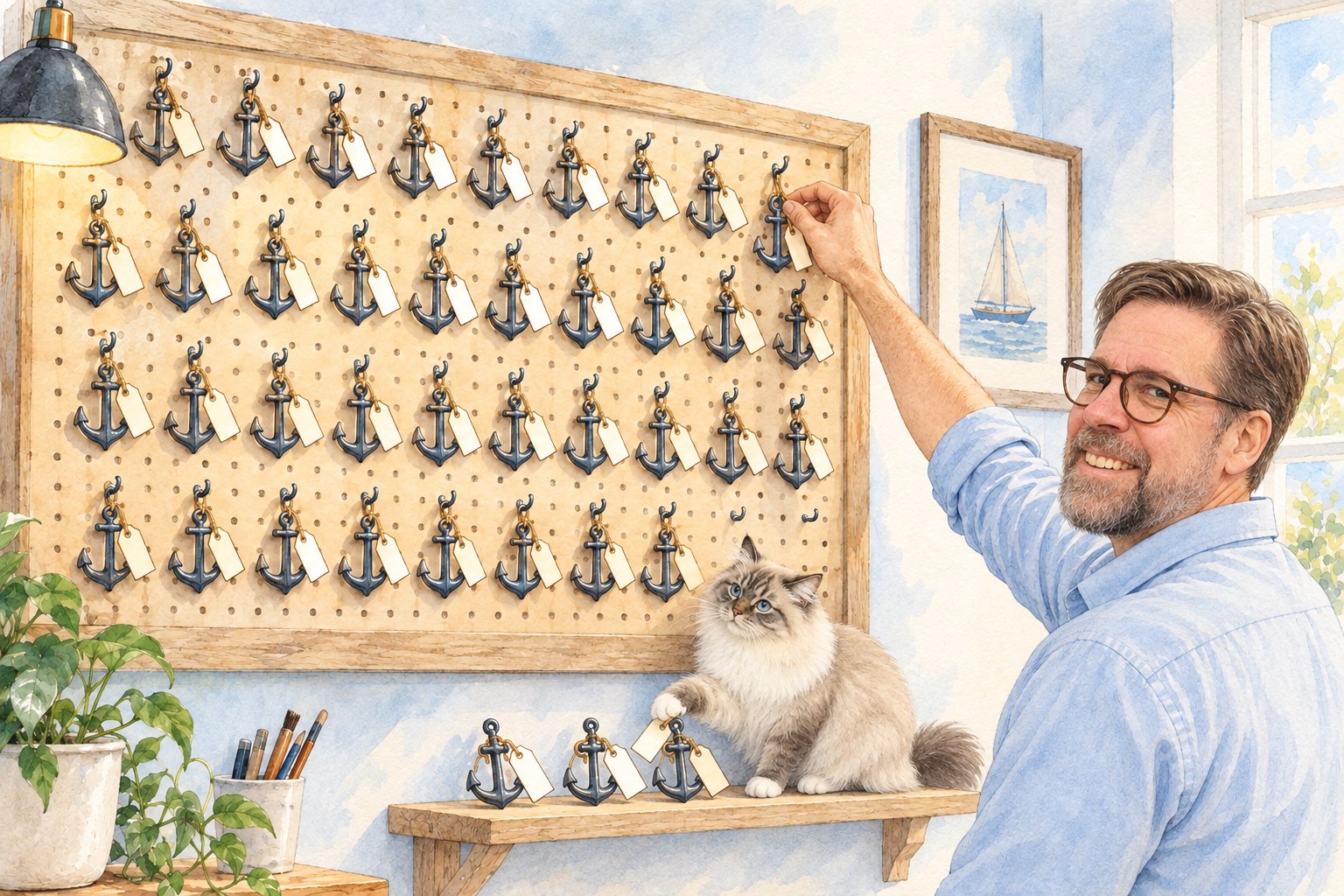 Watercolor illustration: Ralf hangs the last anchor on a pegboard wall full of tagged anchors, his Ragdoll cat Elfi sits on a shelf next to three waiting anchors