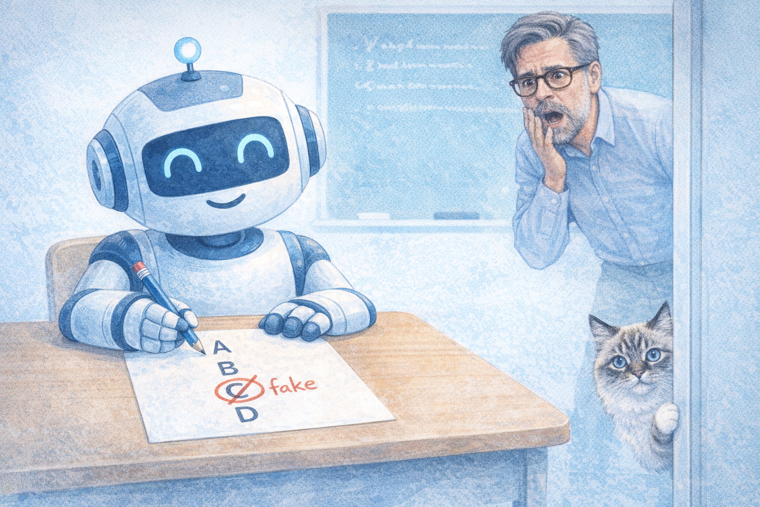 AI robot confidently picking a fake answer on a multiple-choice test while teacher looks shocked
