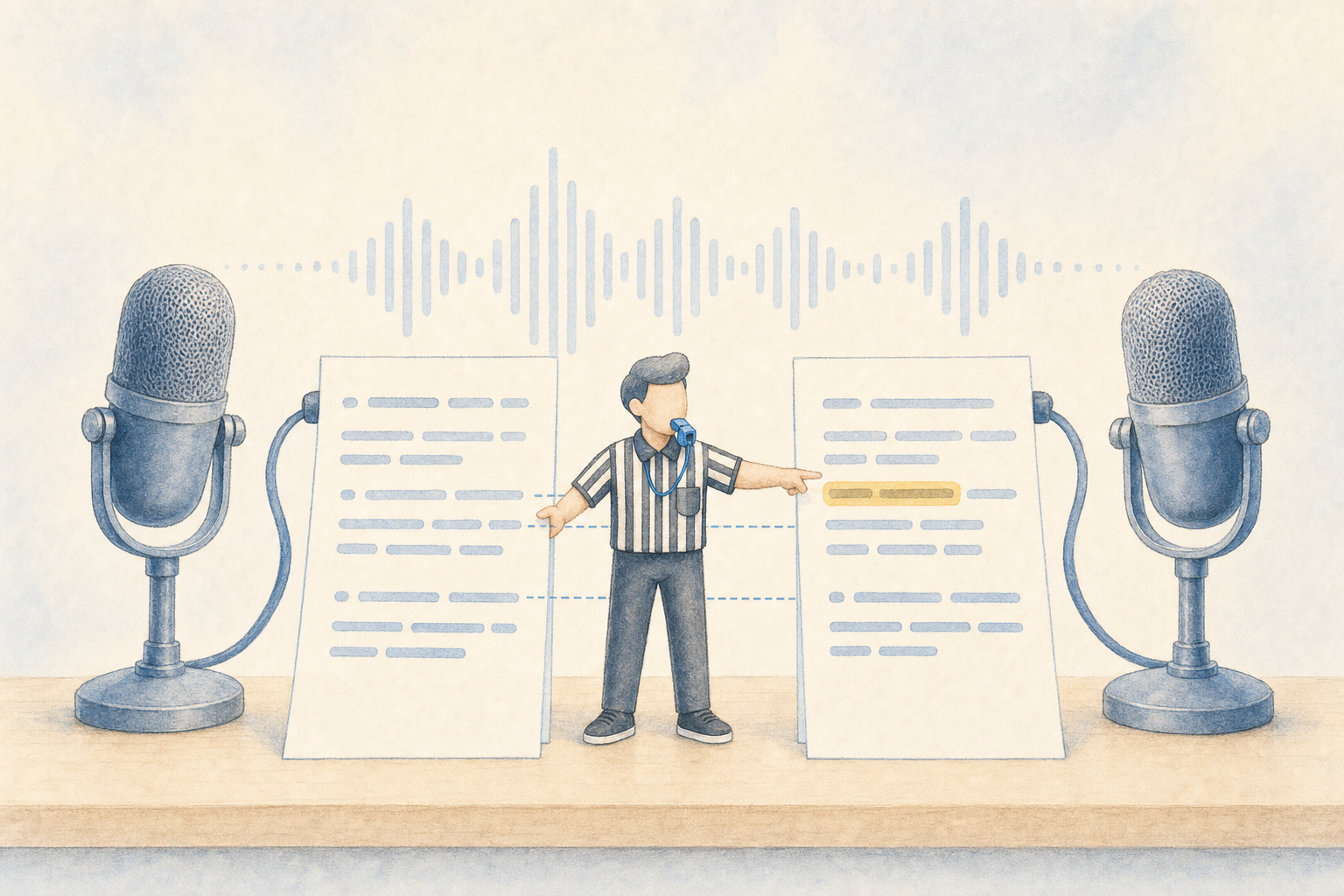 Two microphones on a desk feeding two paper transcripts, a small referee with a whistle comparing the sheets and pointing at a highlighted word