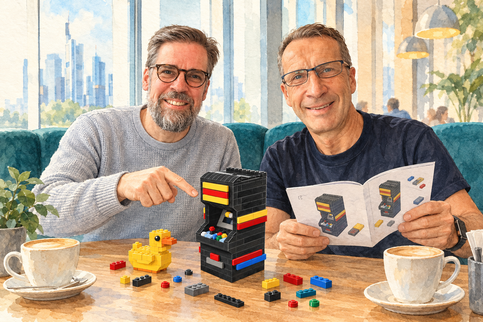 Aquarell: Ralf und Uwe Franke an einem Cafétisch in Frankfurt, vor ihnen ein Arcade-Automat aus Klemmbausteinen, eine gelbe Klemmbaustein-Ente und eine aufgeschlagene Bauanleitung.