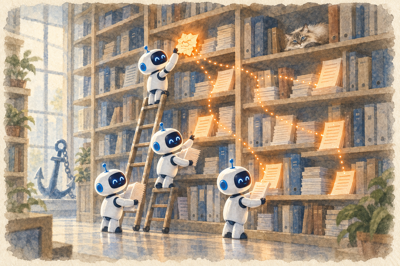 Watercolor illustration: small robots on ladders copy one glowing orange note onto more and more documents across library shelves, a small anchor stands in the background and a Ragdoll cat lies on a high shelf